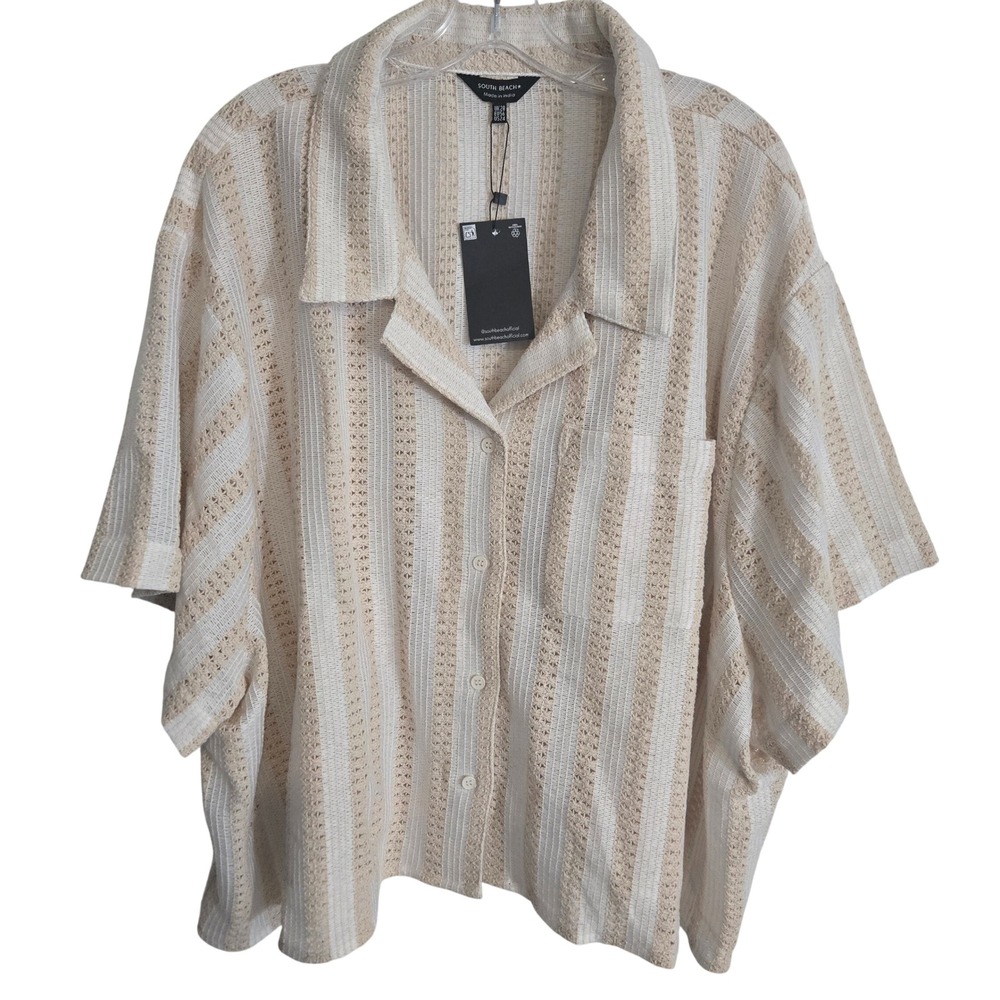 South Beach Knit Shirt Womens 3XL US 24 Beige Striped Button Up Short Sleeve NWT